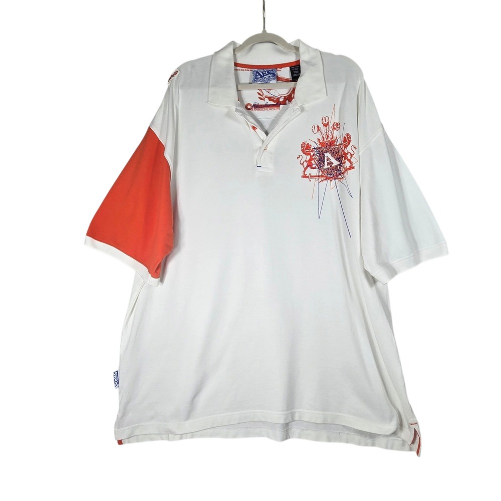 Akademiks Polo Shirt Mens 3XL White Orange Graphic Y2K Hip Hop Embroidered Logo
